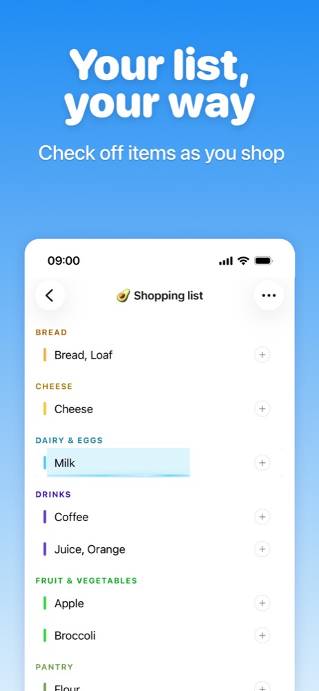 A shopping list in Lista, sorted into categories